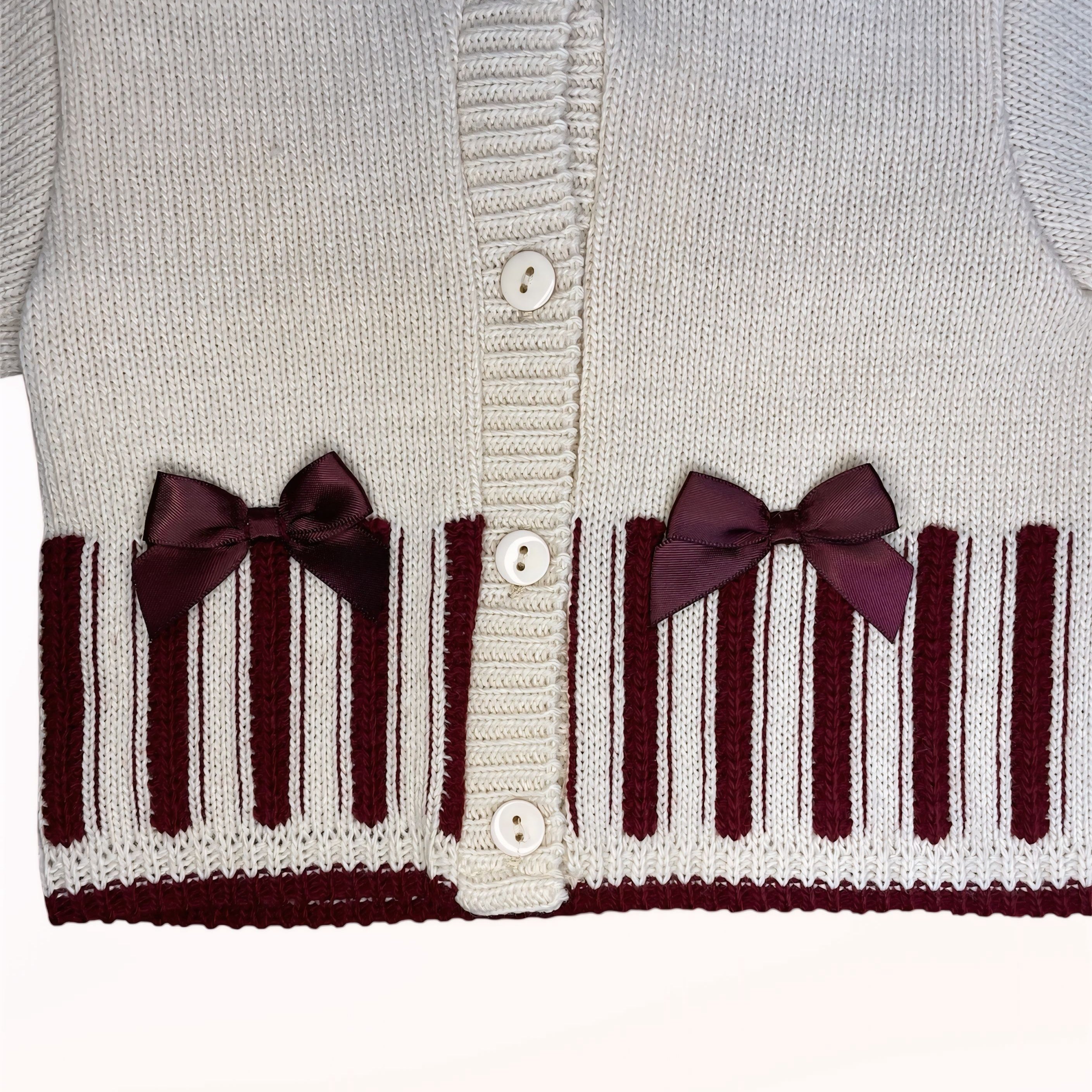 Gebreid Cardigan Beige met Bordeauxrode Strepen en Strikjes