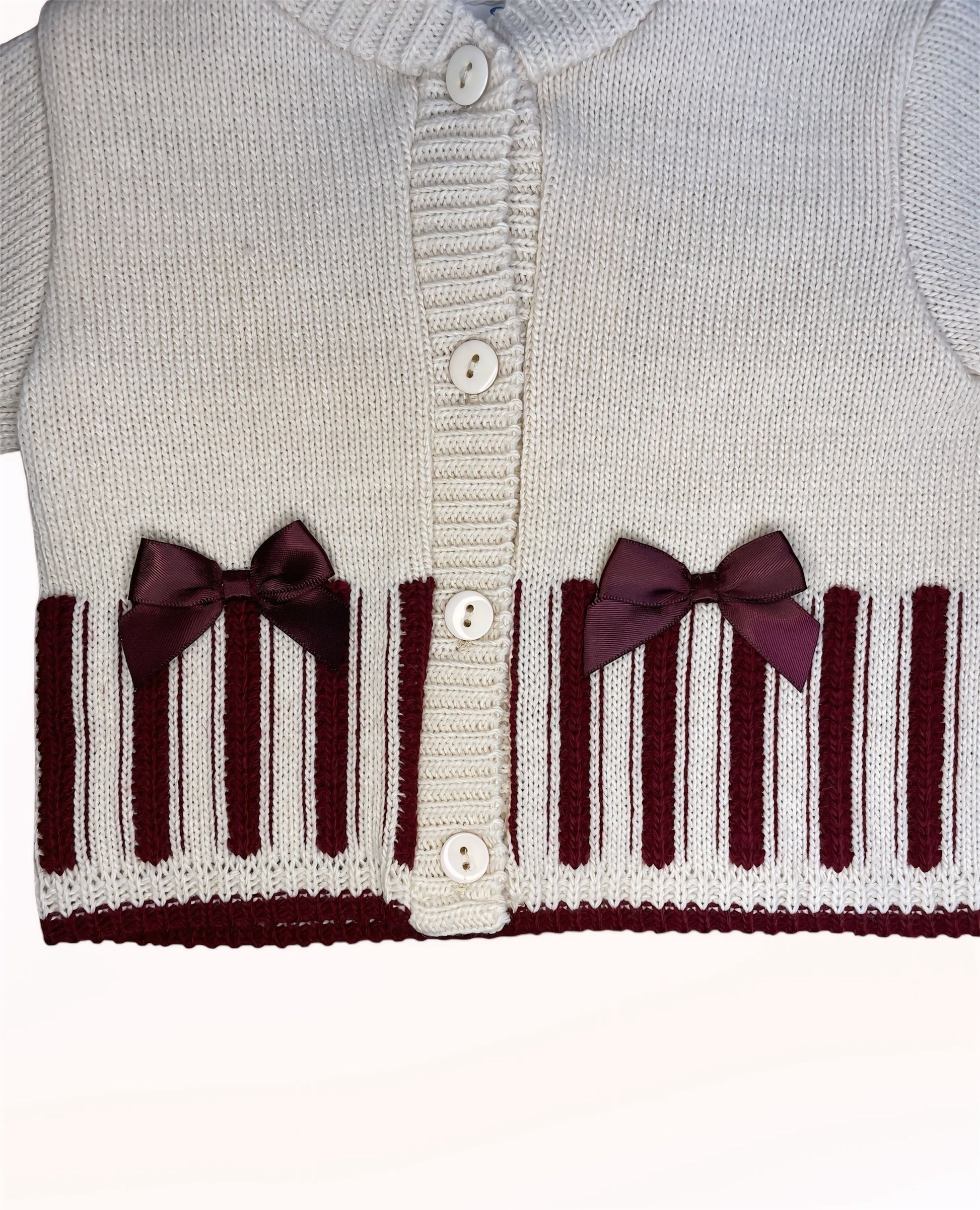 Gebreid Cardigan Beige met Bordeauxrode Strepen en Strikjes