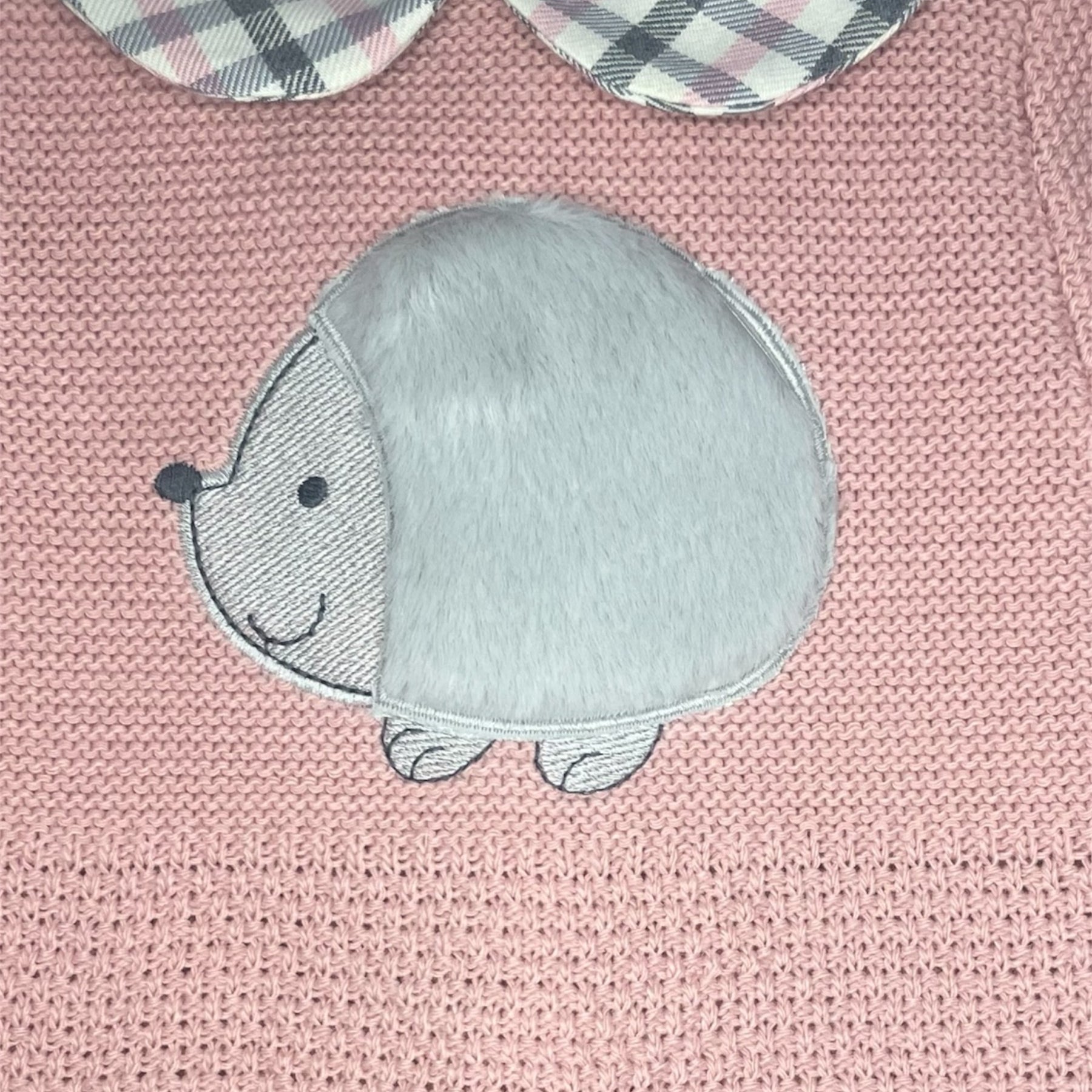 Schattige gebreide babyset met egelmotief en geruite kraag