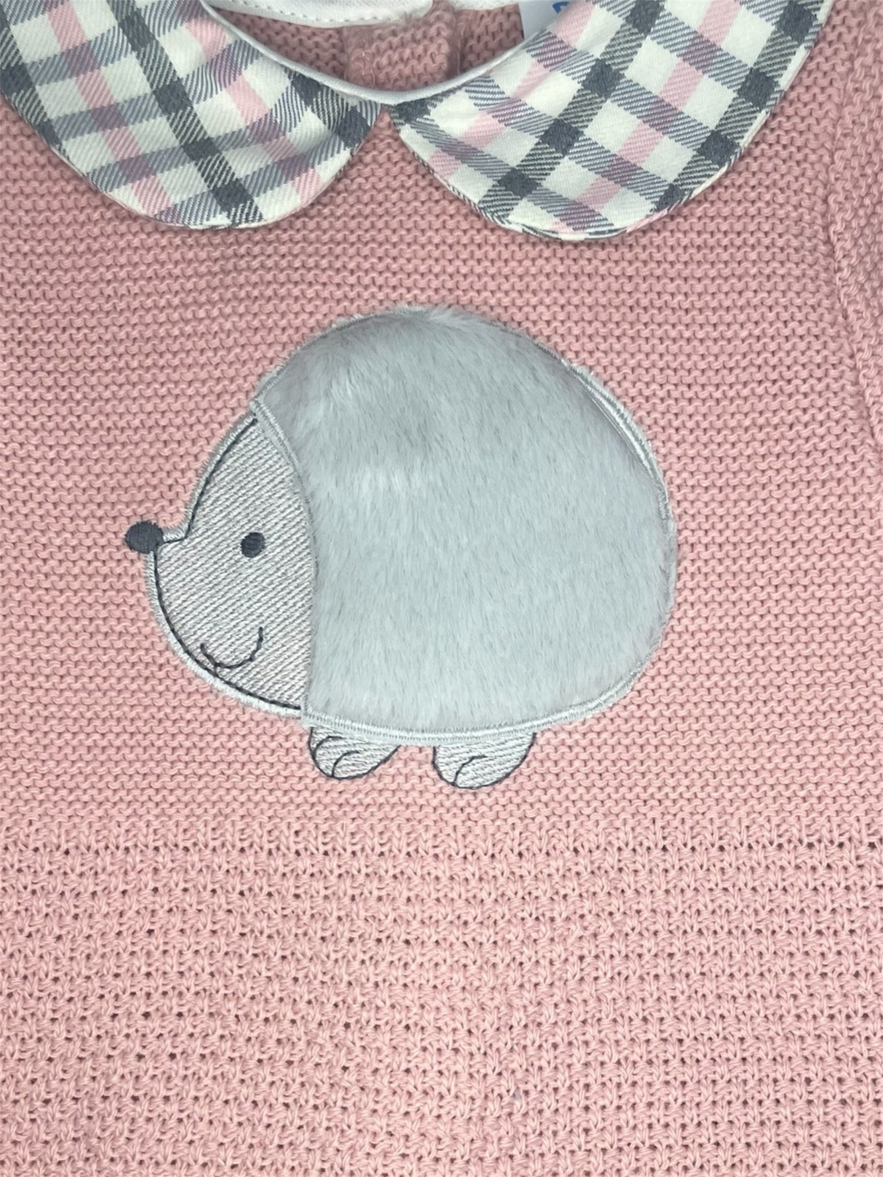Schattige gebreide babyset met egelmotief en geruite kraag