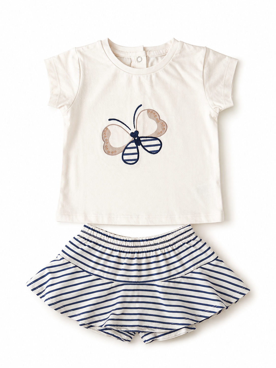 Tweedelig baby setje crème t-shirt met vlinder applicatie en marineblauw gestreept rokje met slipje