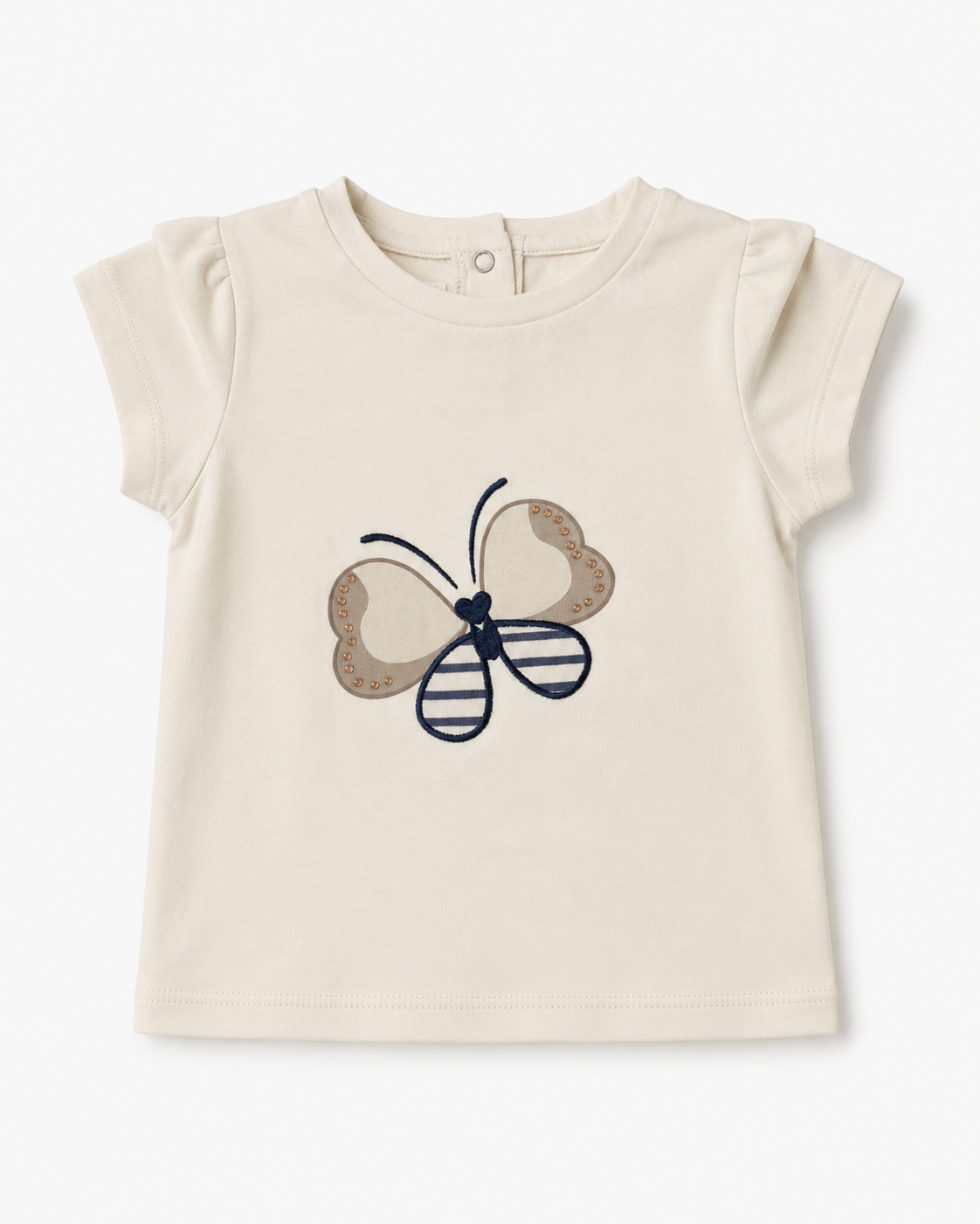 Baby meisje in crème t-shirt met vlinder en marineblauw gestreept rokje met ingebouwd slipje