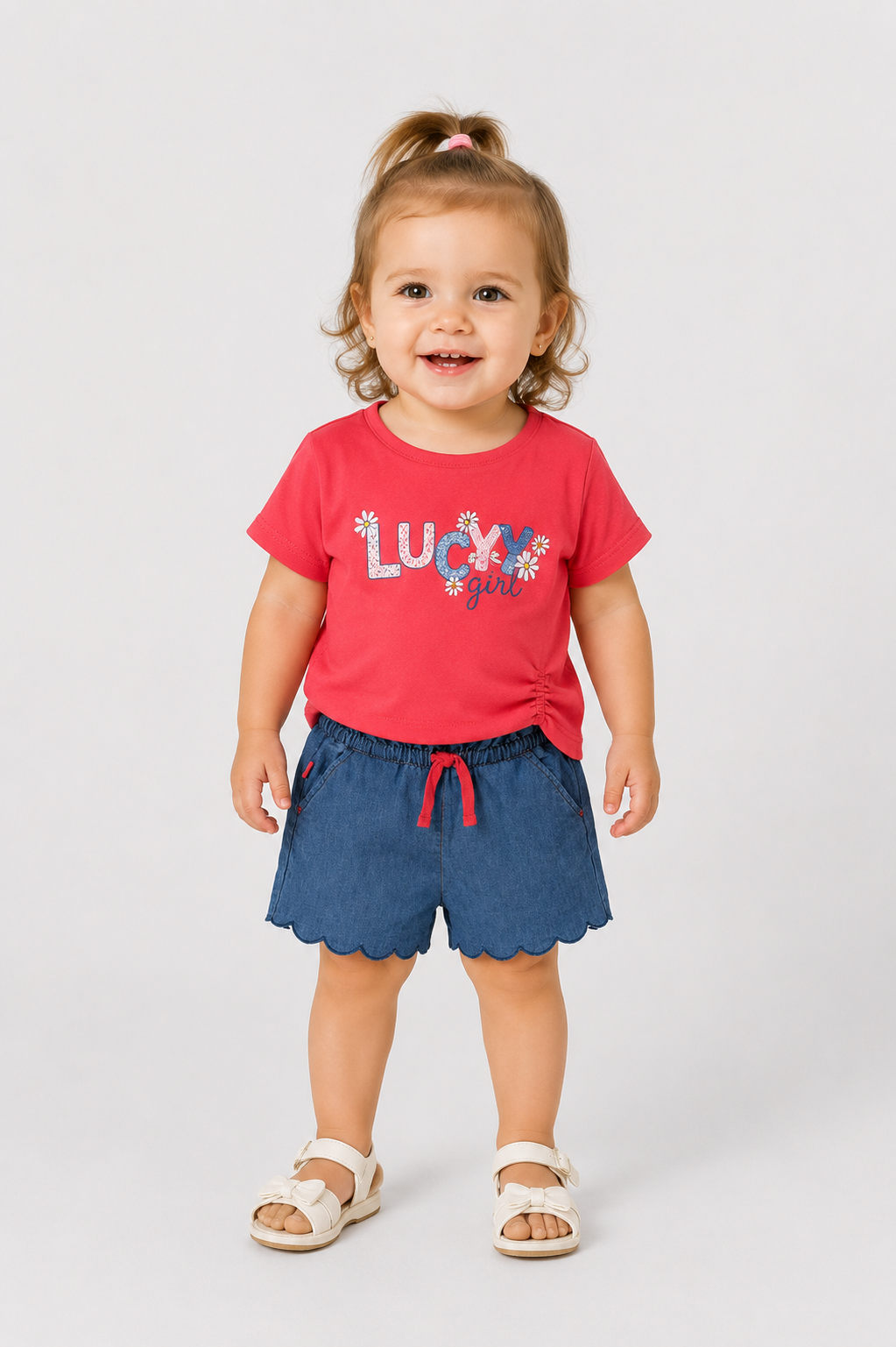 Meisjes t-shirt rood Lucky Girl geborduurde tekst