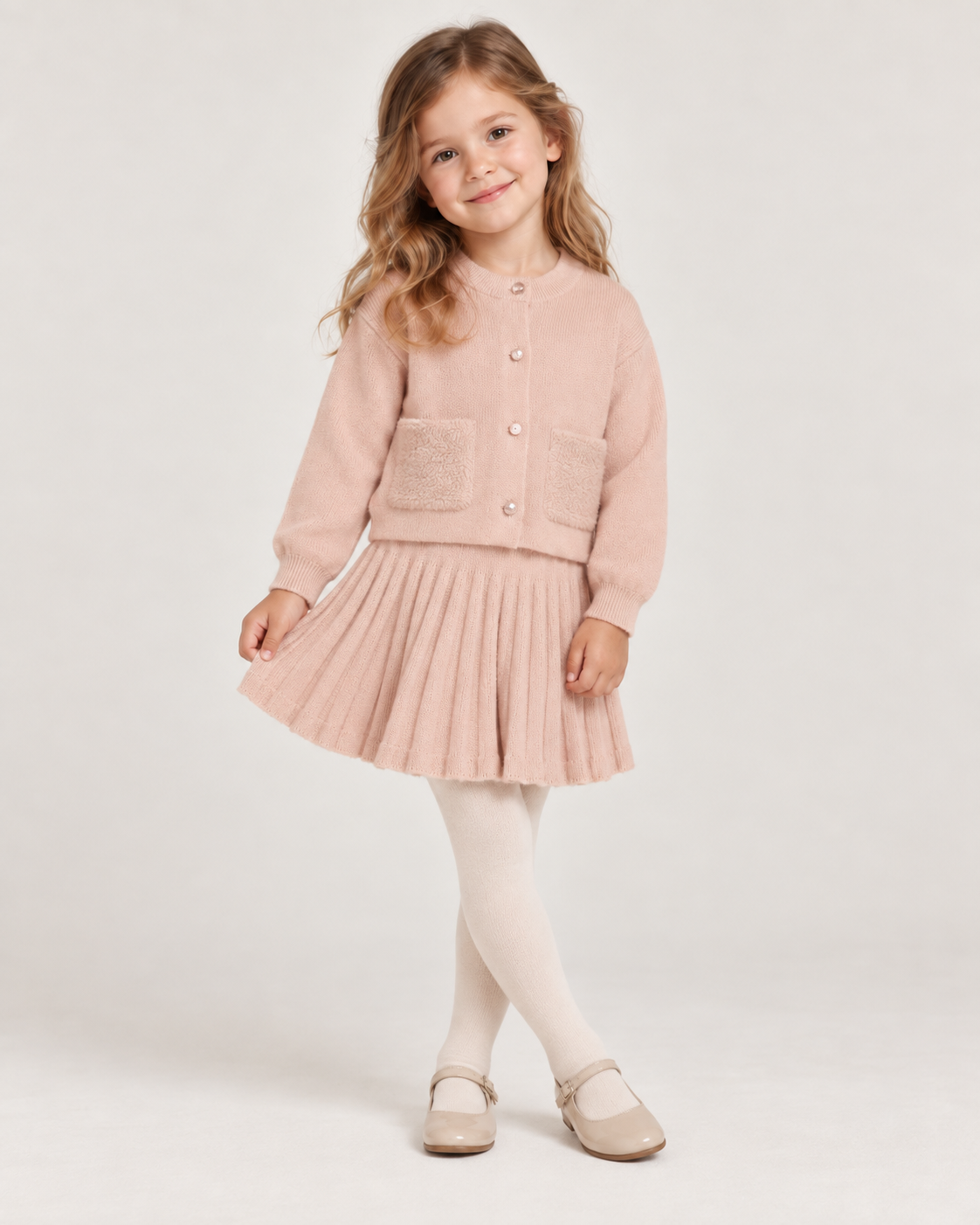 iDO poederroze meisjesset detail met knoopvest en bouclé-zakjes