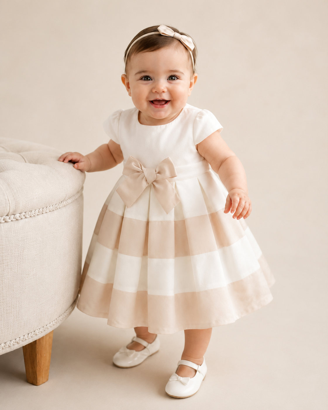 Baby meisje in iDO feestjurk crème met brede poederbeige strepen en strik,