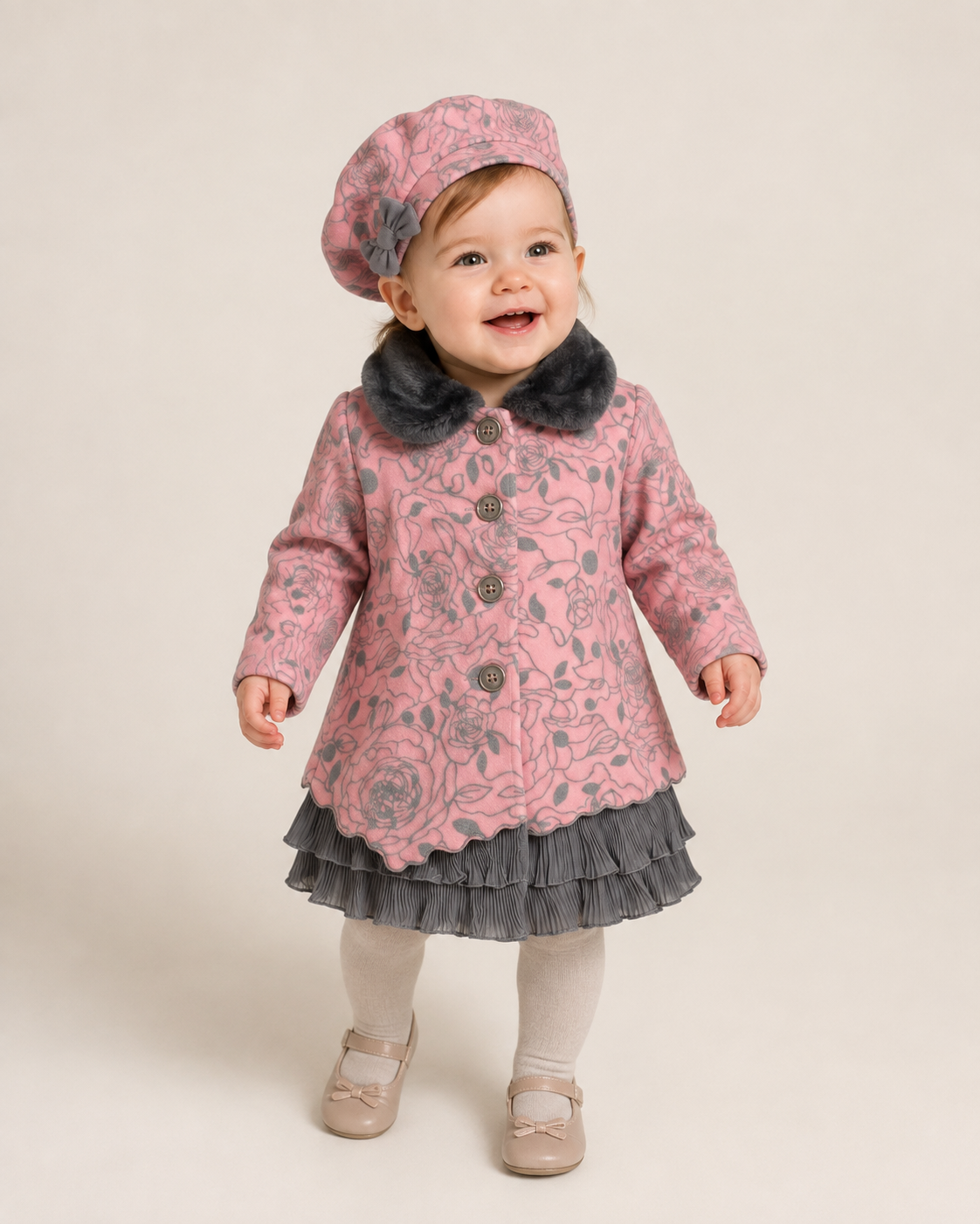 Mantel met bloemenprint, muts en jurkje - Roze
