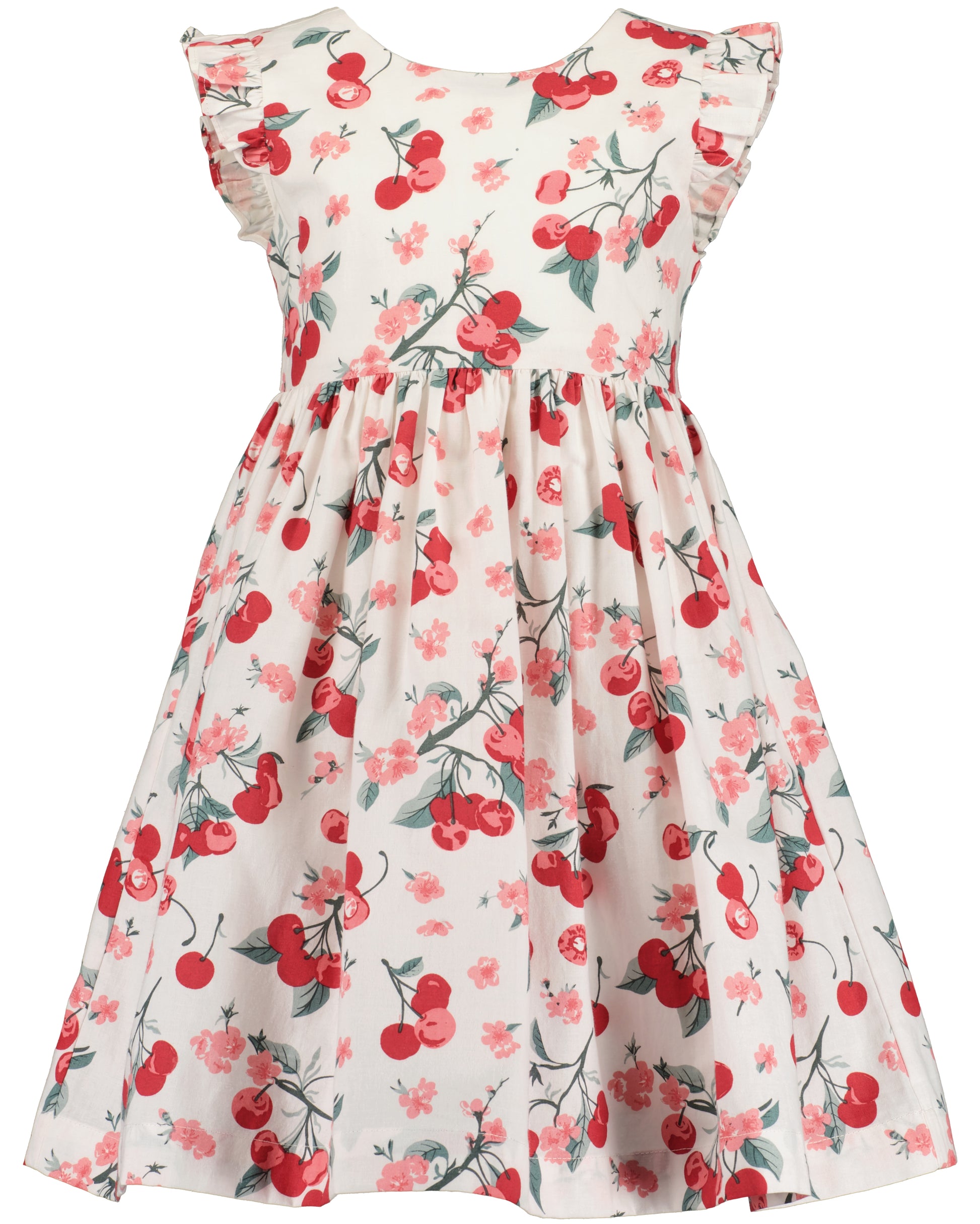 Achterkant meisjes zomerjurk Blue Seven gebroken wit met kersen en bloesemprint, vierkante hals en ruche vlindermouwtjes – Elisa Kids Boutique