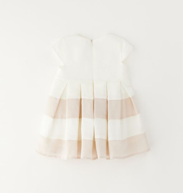 Achterzijde iDO baby feestjurk crème poederbeige gestreepte geplooide rok met rits