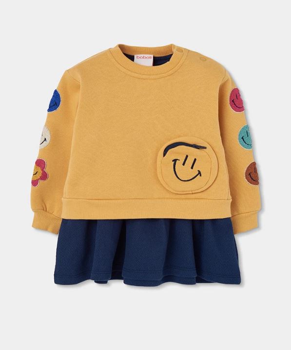 okergeel-blauw Boboli sweaterkleedje voor meisjes met smileys, vooraanzicht