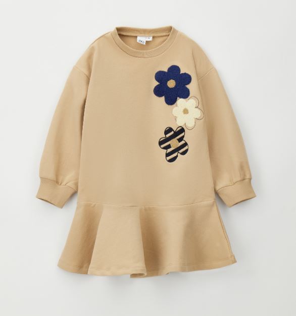 Beige iDO sweaterjurk voor meisjes met blauwe, ecru en gestreepte bloemen