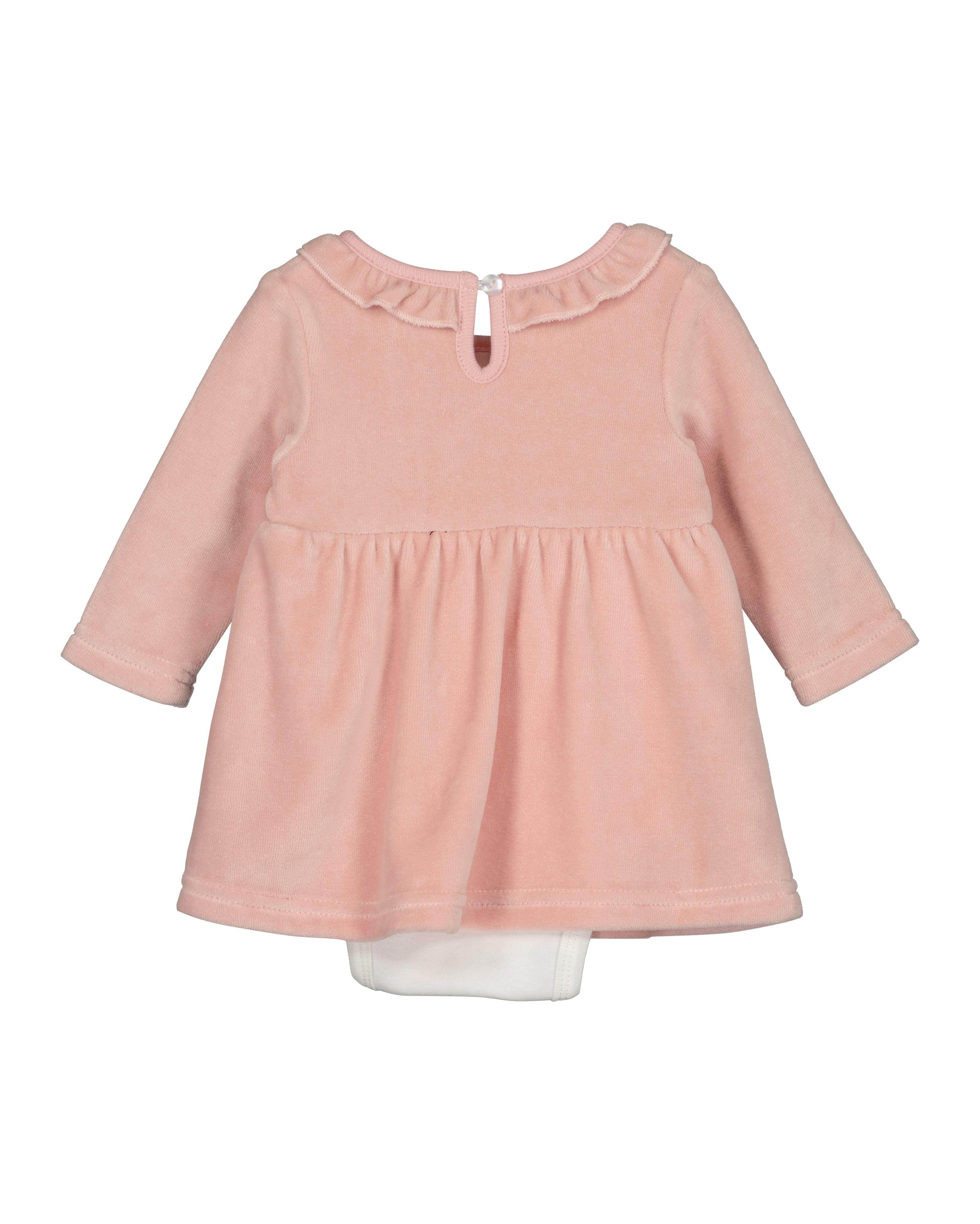 Oud roze velours baby jurk-body met roezelkraag van Blue Seven – achteraanzicht