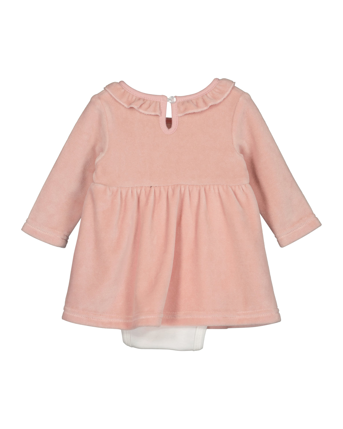 Oud roze velours baby jurk-body met roezelkraag van Blue Seven – achteraanzicht