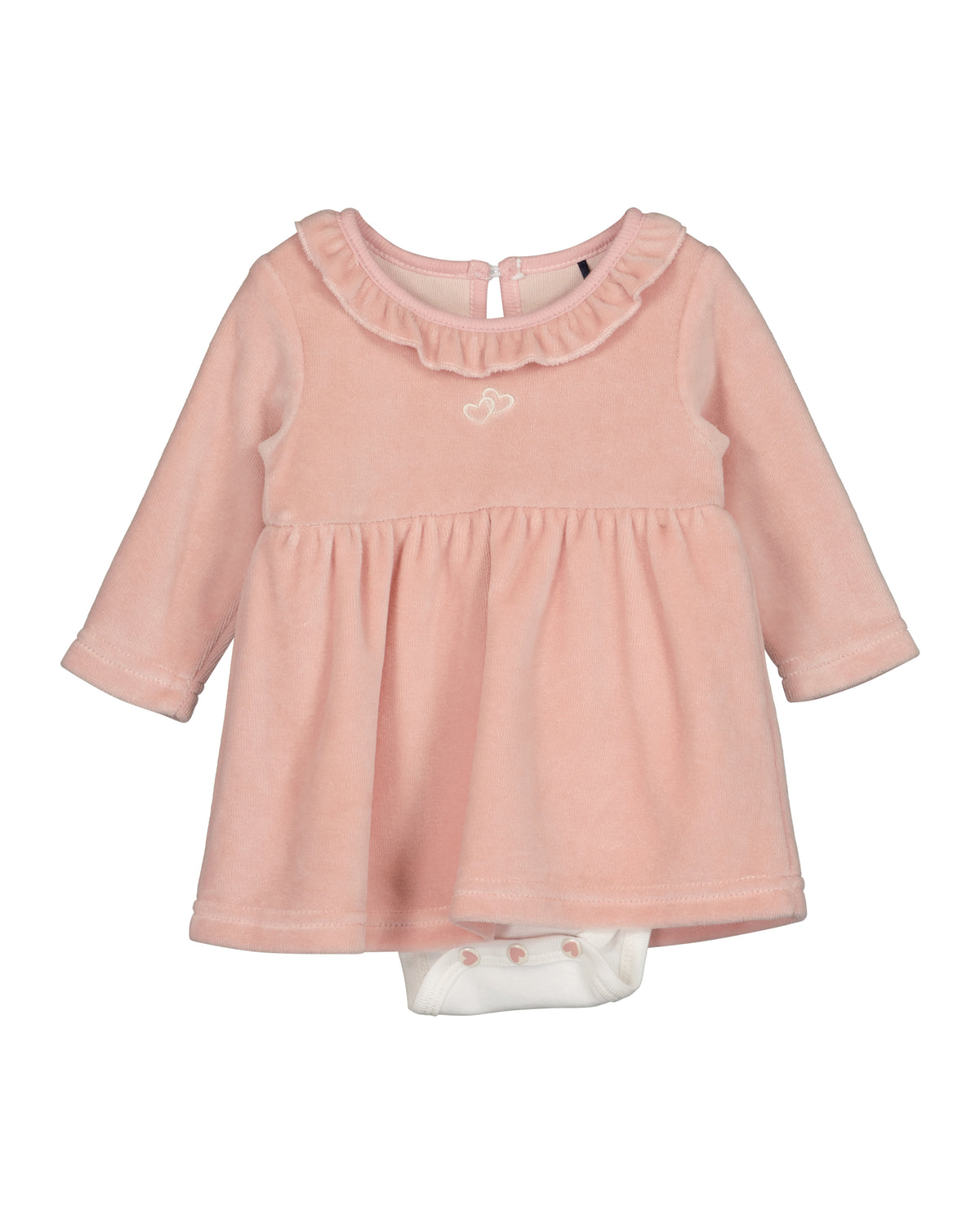 Oud roze velours baby jurk-body met roezelkraag en hartjes van Blue Seven – vooraanzicht