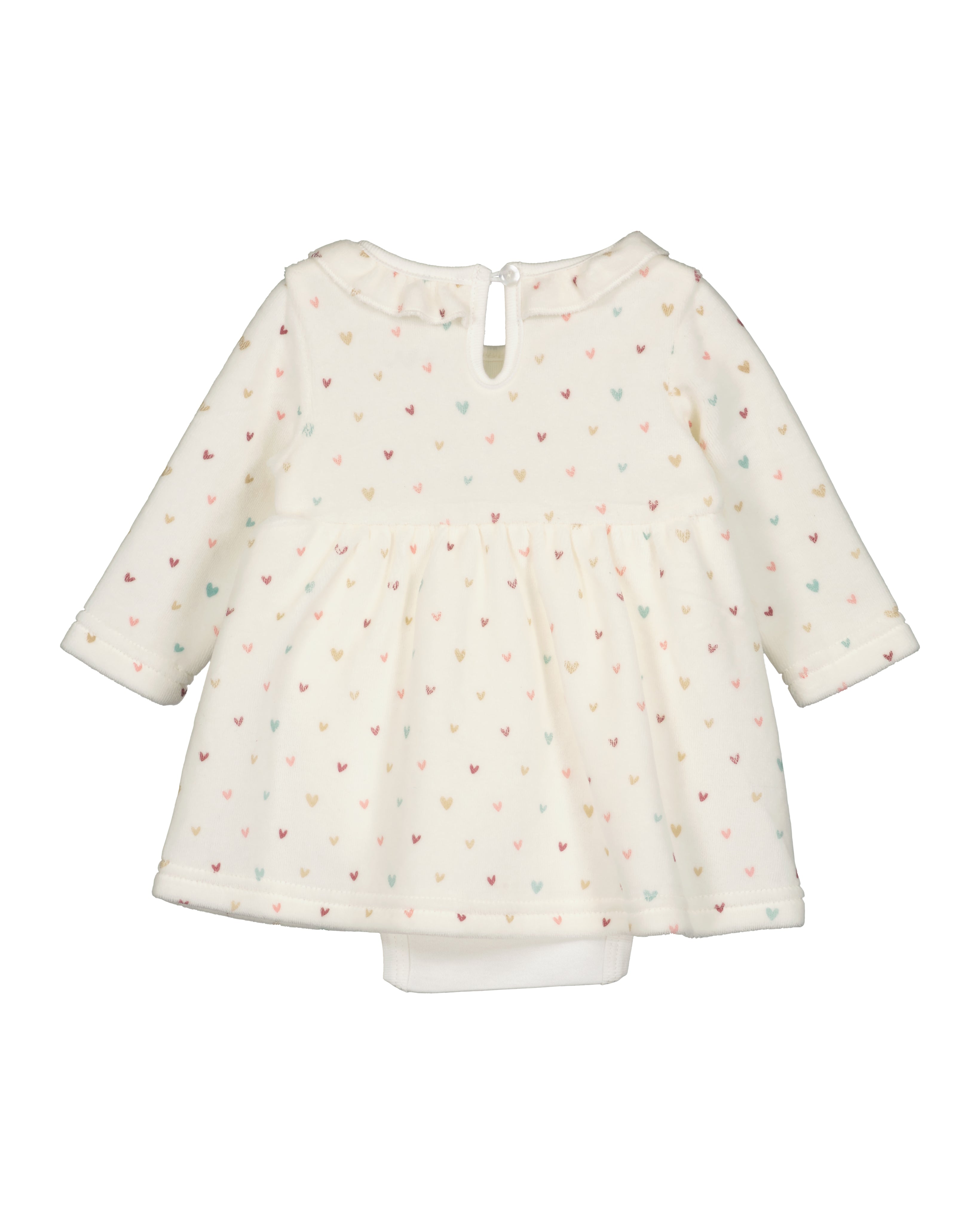 Ecru velours baby jurk-body met hartjesprint van Blue Seven – achteraanzicht