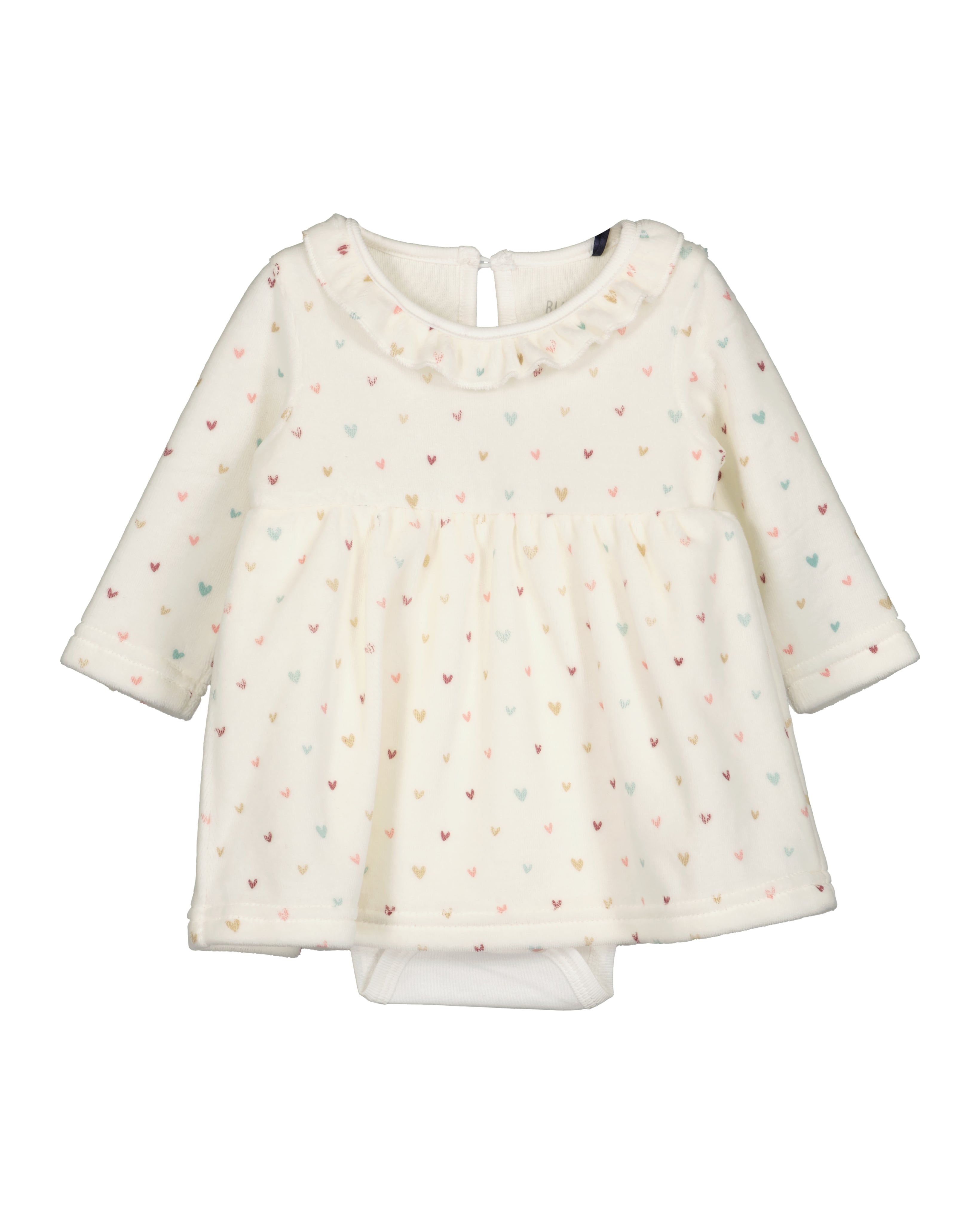 Ecru velours baby jurk-body met veelkleurige hartjes en roezelkraag van Blue Seven – vooraanzicht