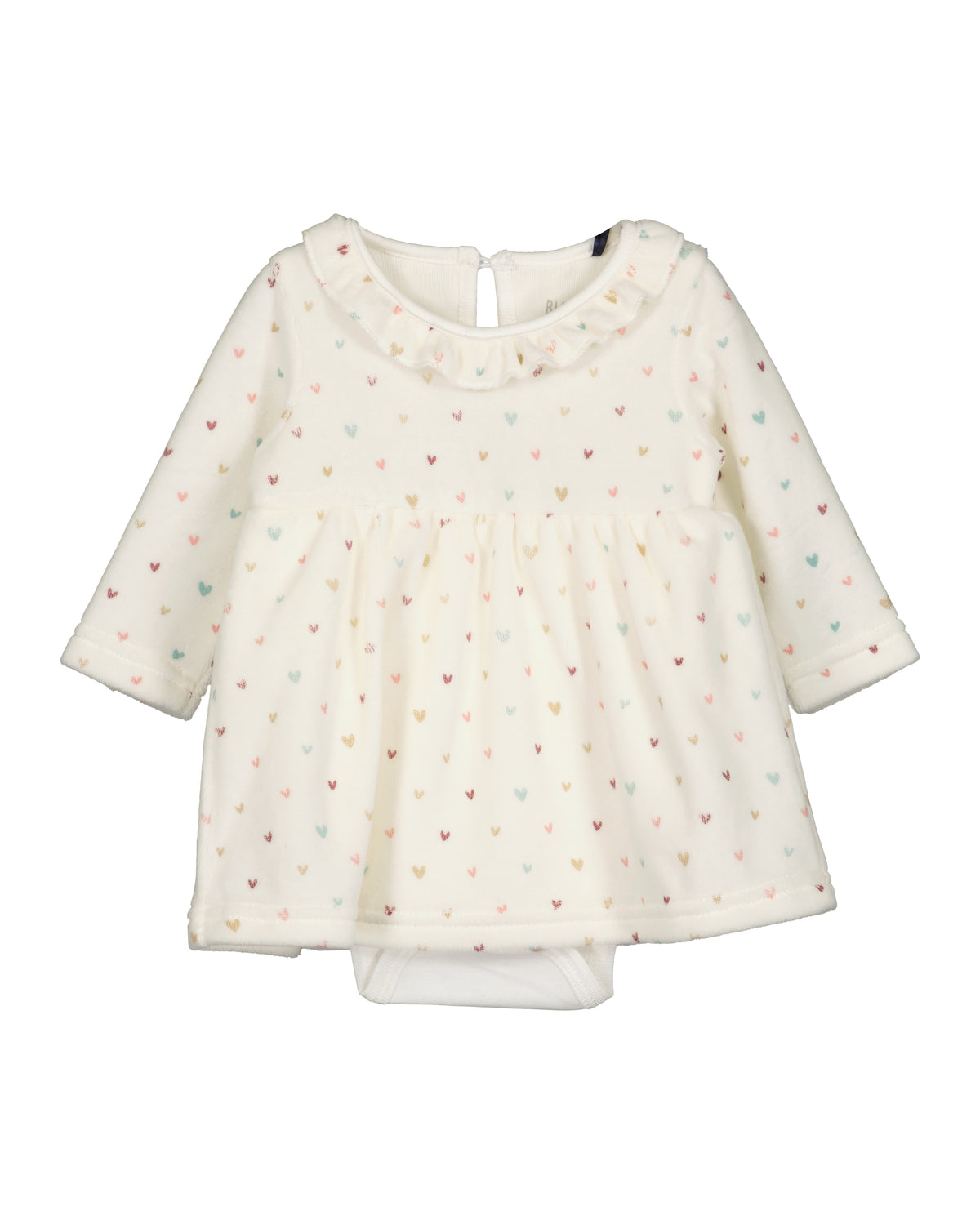 Ecru velours baby jurk-body met veelkleurige hartjes en roezelkraag van Blue Seven – vooraanzicht