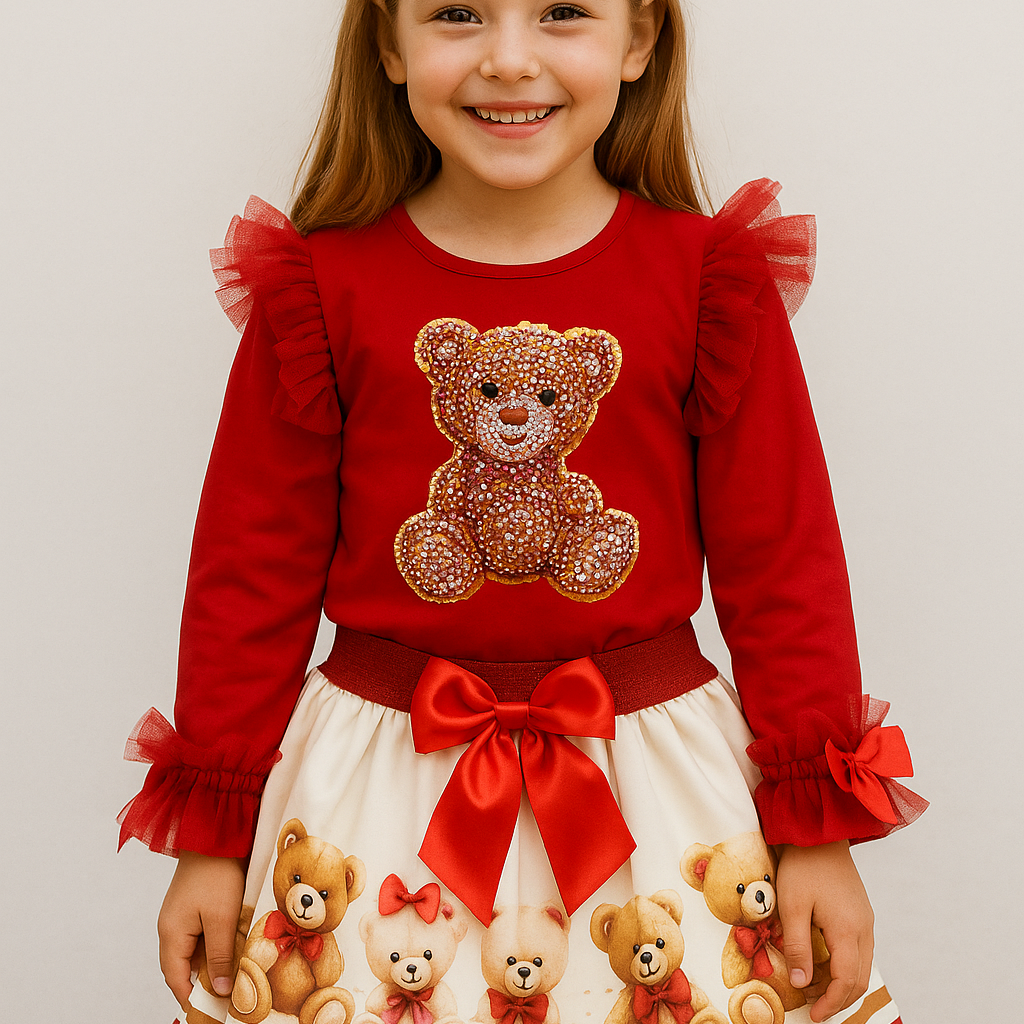 Rood 2-delig set met teddybeerprint en grote strik