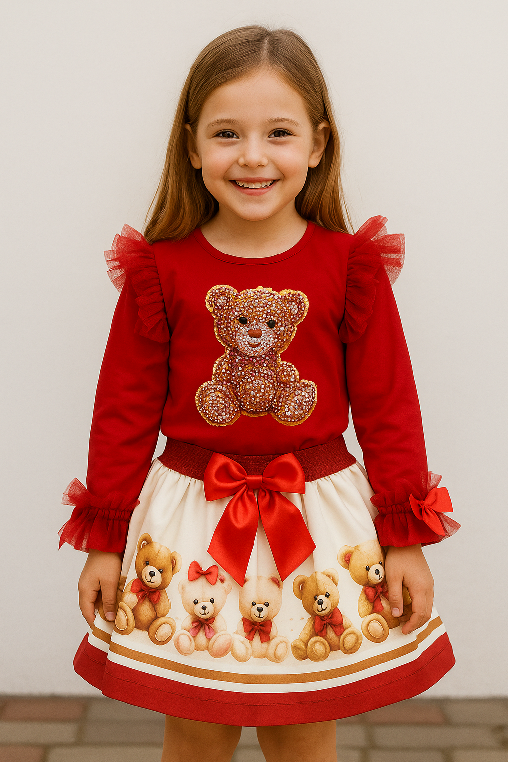 Rood 2-delig set met teddybeerprint en grote strik