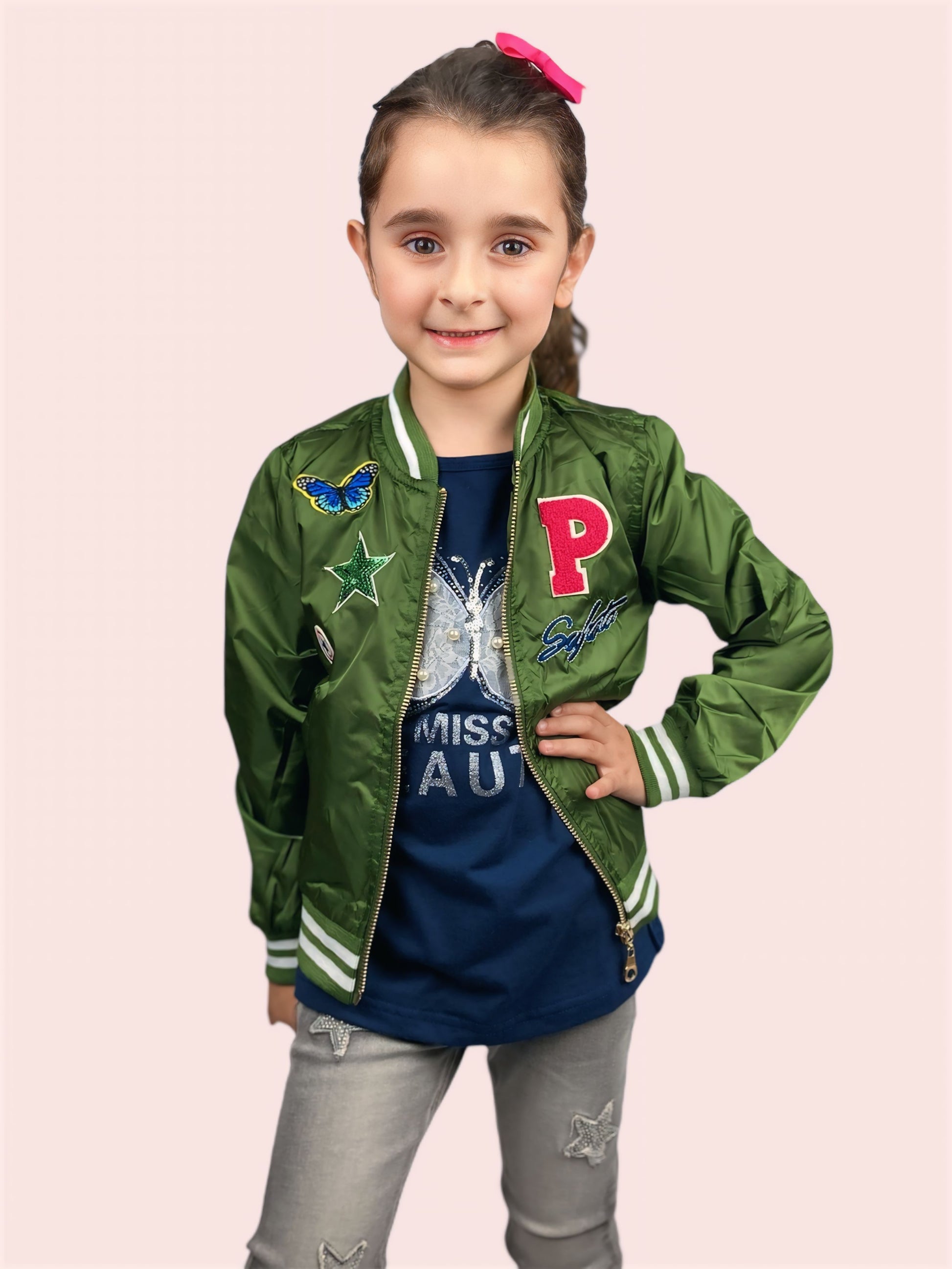 Trendy Kaki Zomerjas voor Meisjes met Ritssluiting en Patches