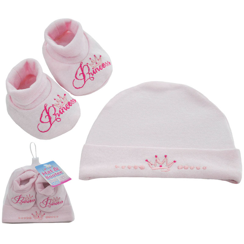 Roze baby muts en slofjes set Princess met kroontje