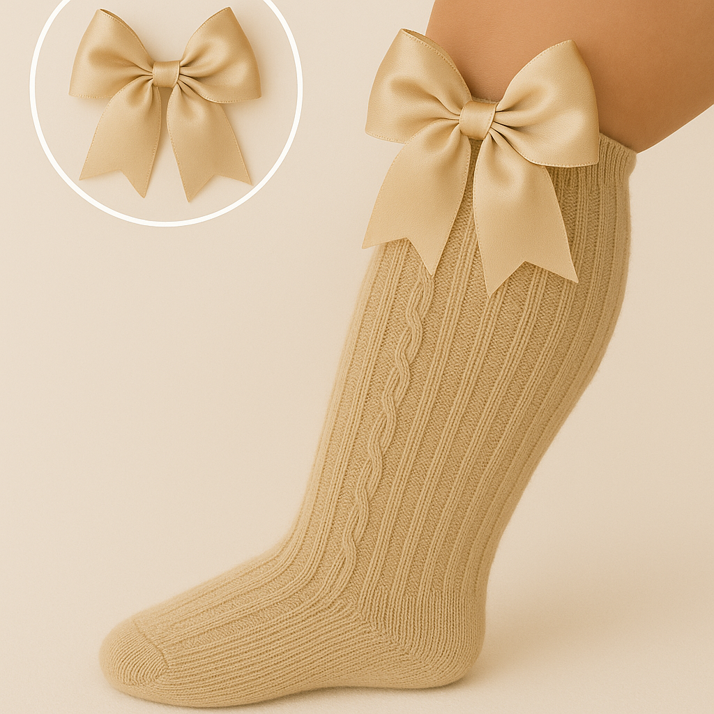 Beige babykousen met grote satijnen strik