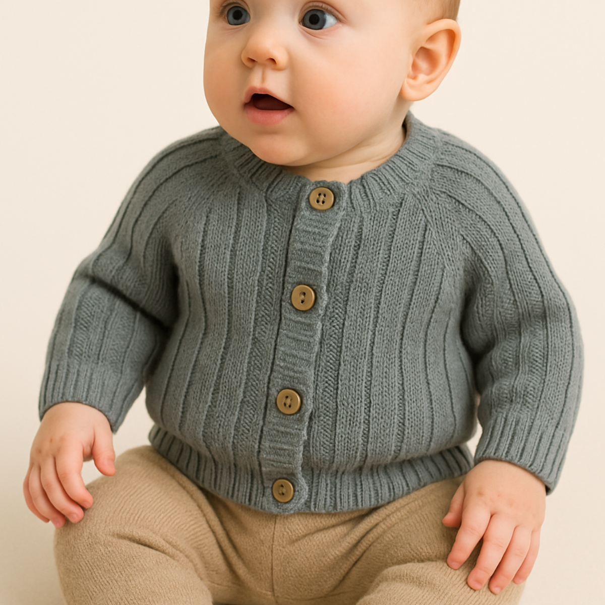 Grijze gebreide babytrui – “Hello World” design