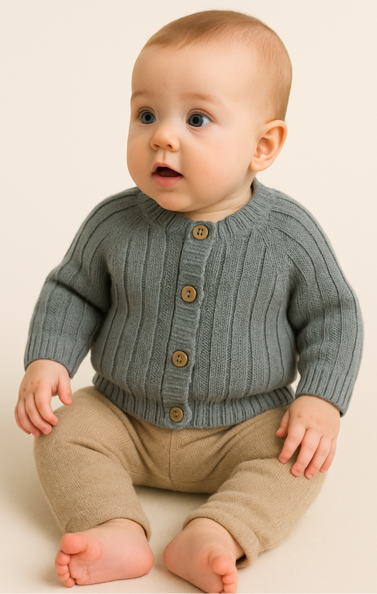 Grijze gebreide babytrui – “Hello World” design