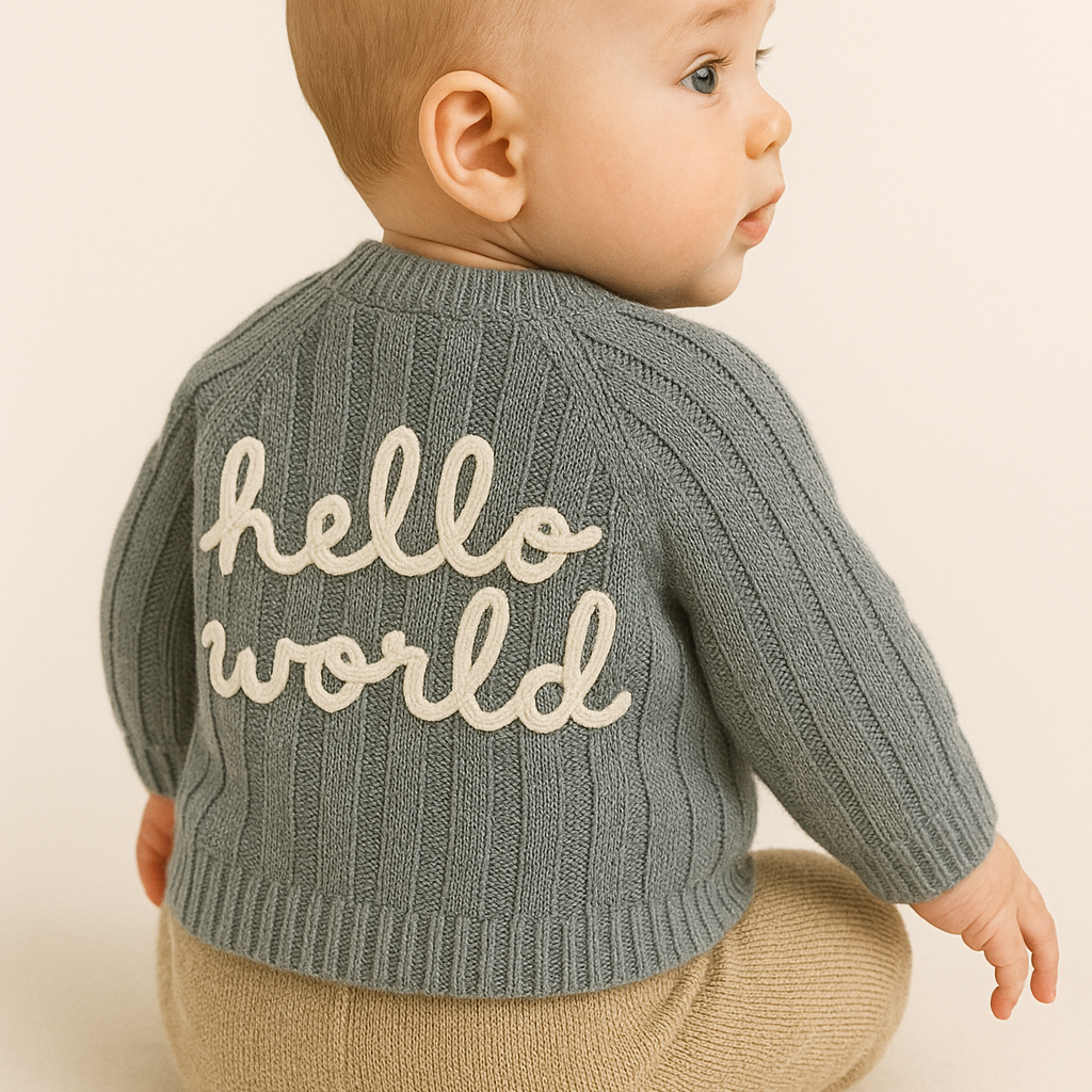 Grijze gebreide babytrui – “Hello World” design