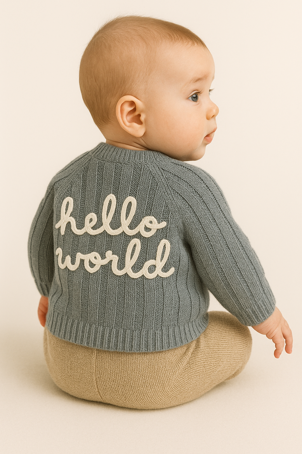 Grijze gebreide babytrui – “Hello World” design