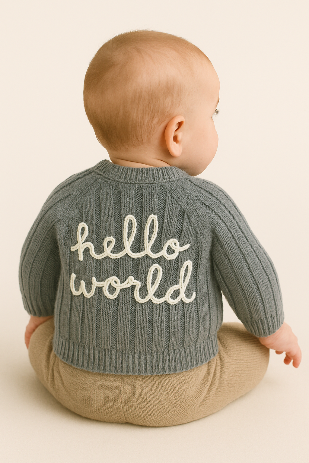 Grijze gebreide babytrui – “Hello World” design