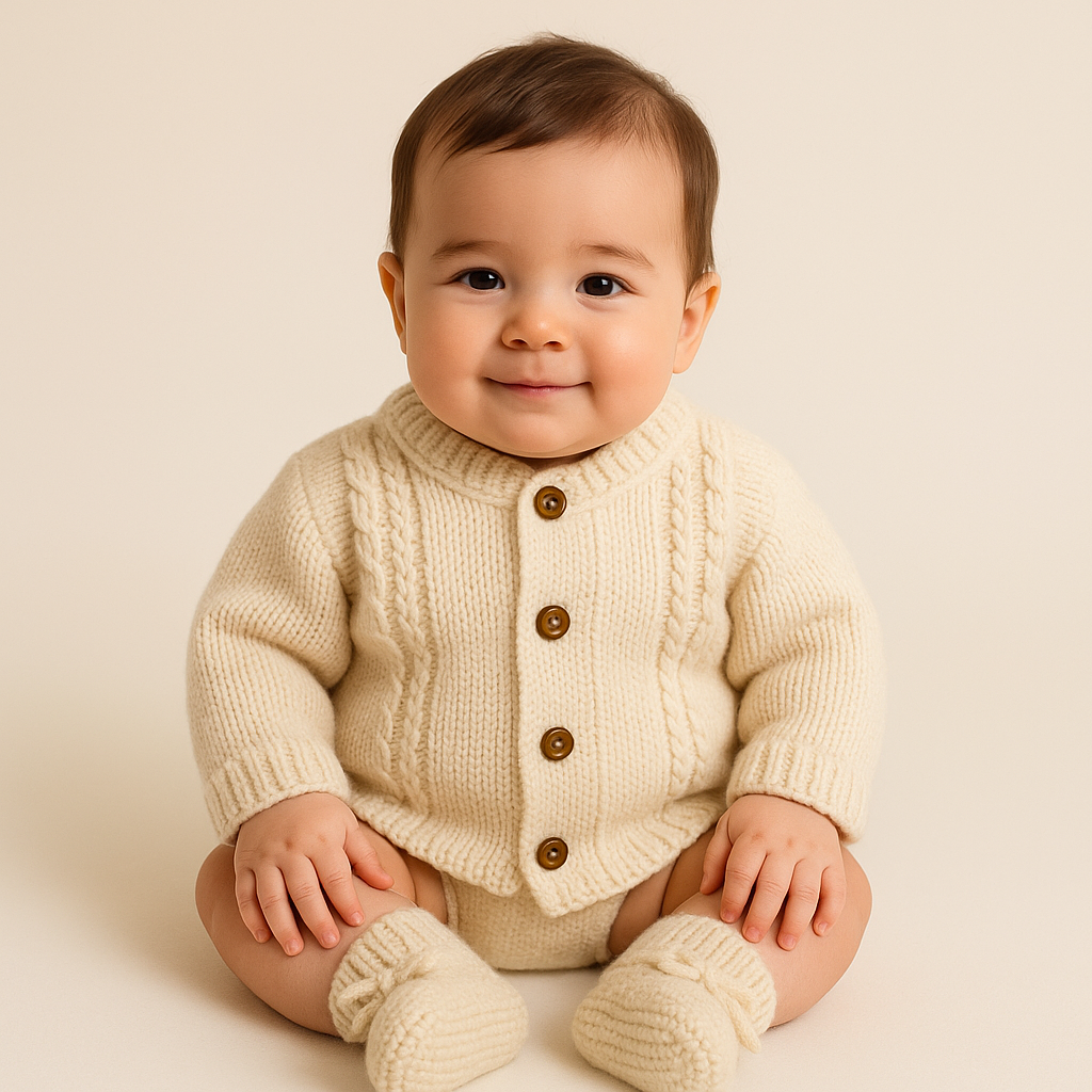 Beige Gebreid Babyvestje Set en Slofjes