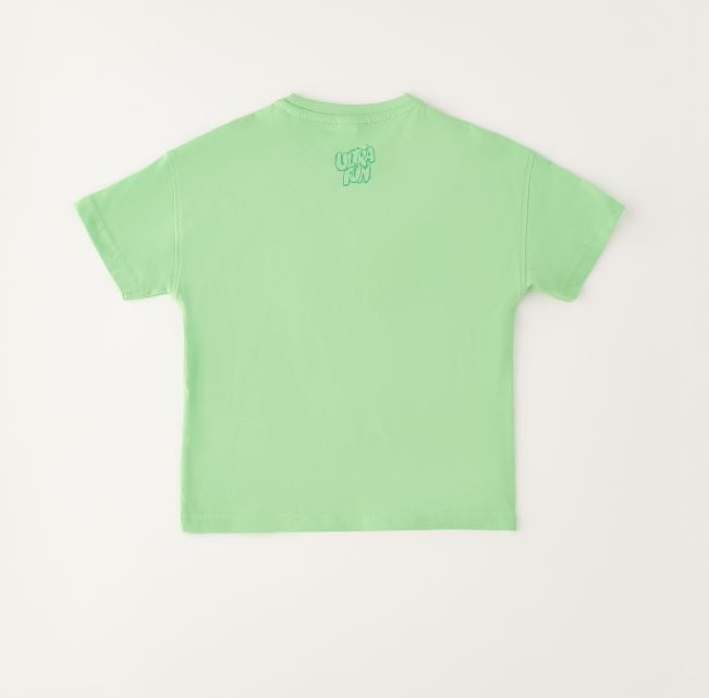 Achterzijde groen iDO jongens T-shirt met Ultra Fun print