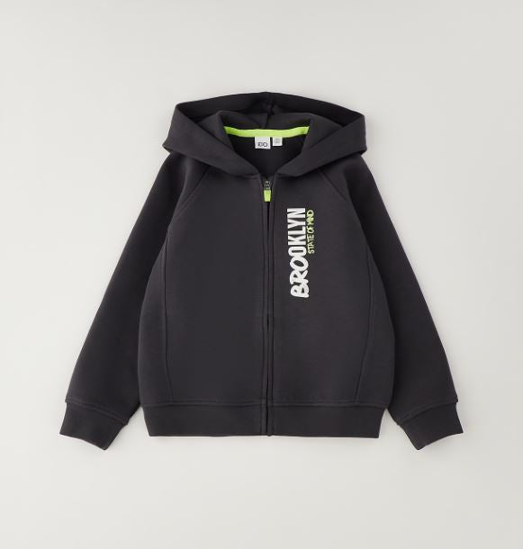 Antraciet iDO sweatvest met kap voor jongens met Brooklyn-print en rits