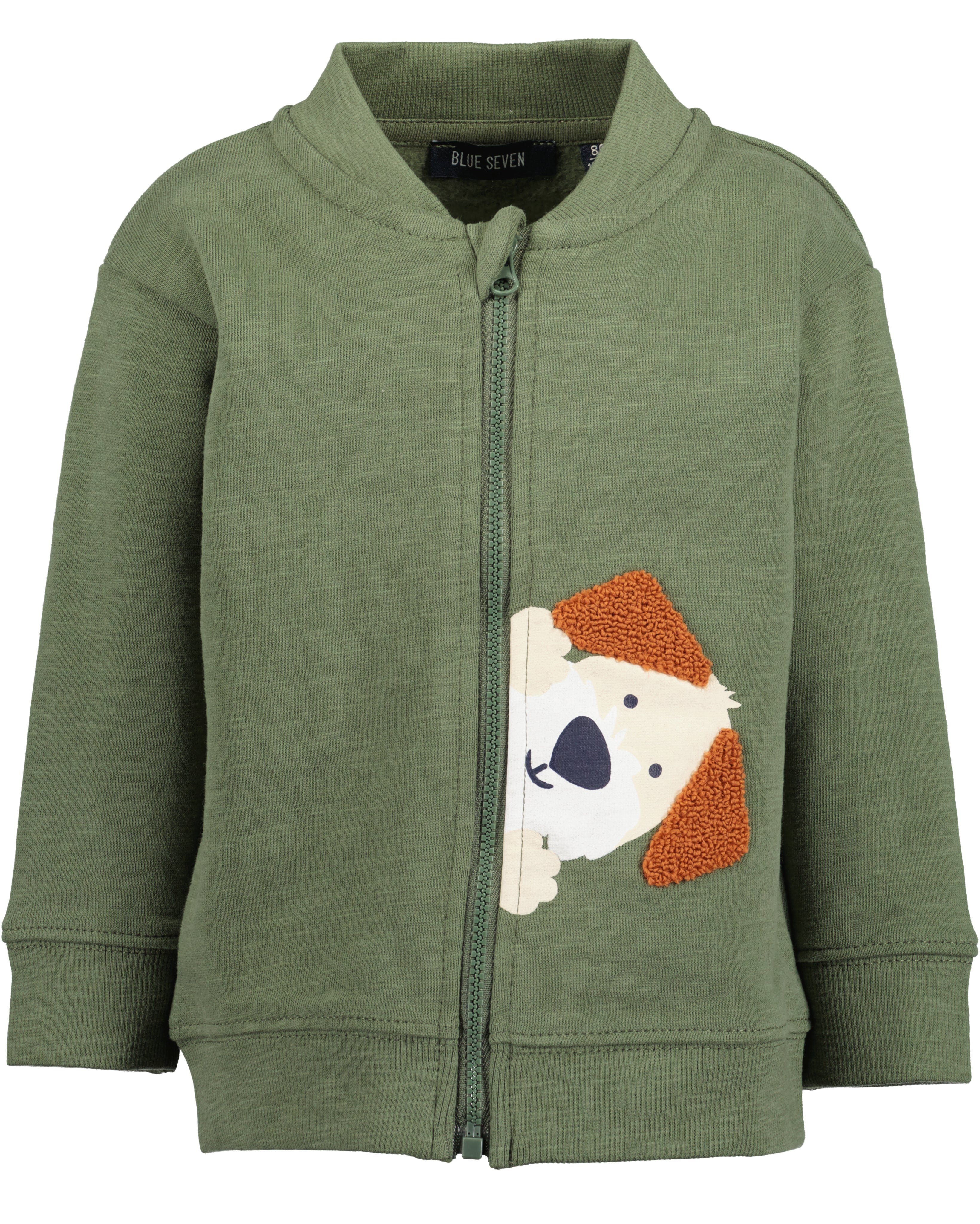 Kakigroen baby sweatvest met rits en spiekend hondje van Blue Seven – vooraanzicht