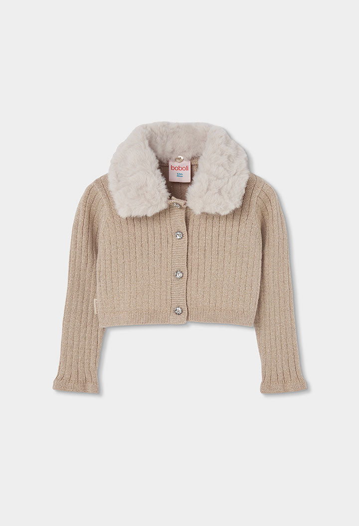 beige Boboli gebreid vestje voor meisjes met bontkraag, vooraanzicht