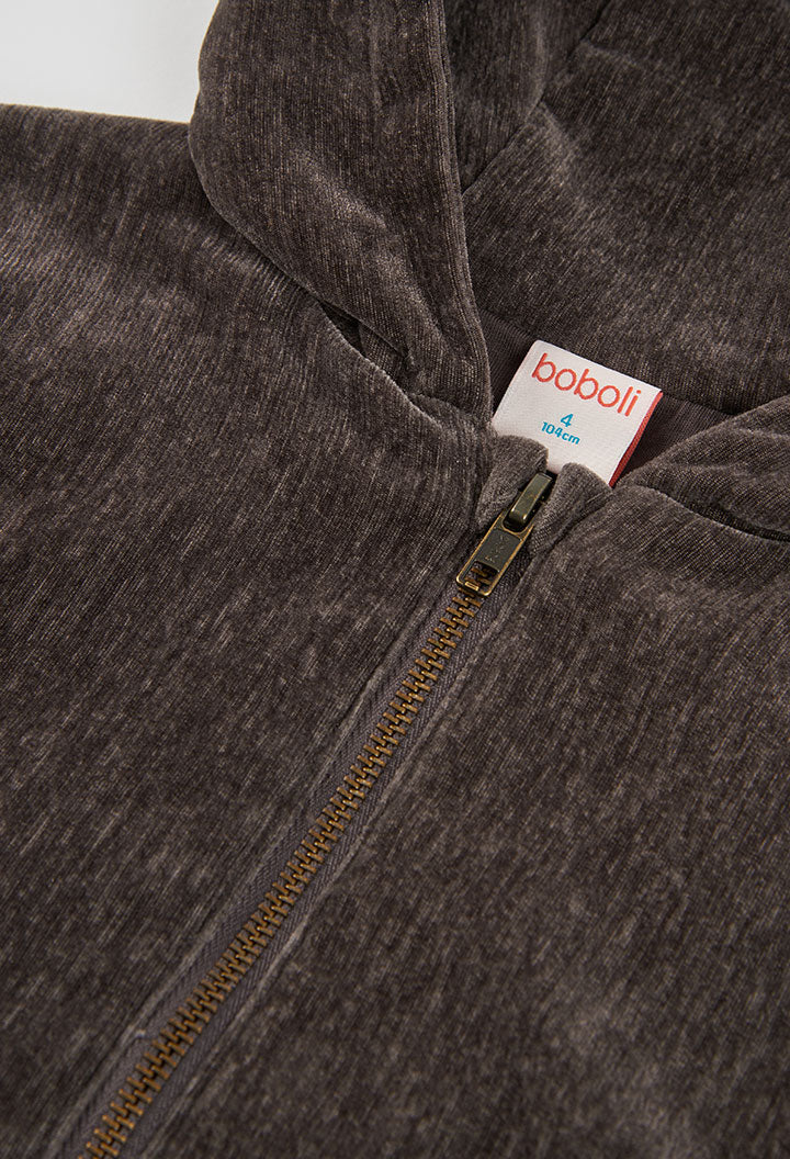 Taupe Boboli velours sweatvest met kap voor meisjes achterzijde
