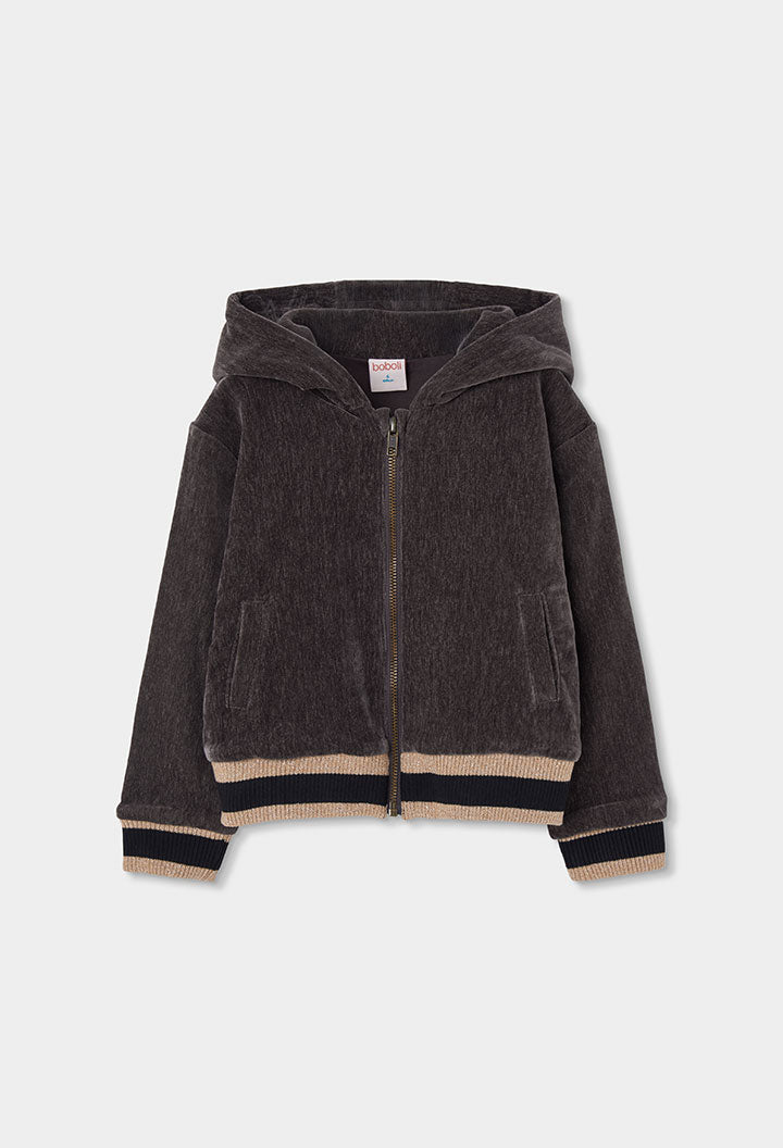 Taupe Boboli velours sweatvest met kap voor meisjes met rits
