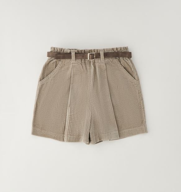 Beige iDO ribcord short voor meisjes met bruine riem en paperbag-taille