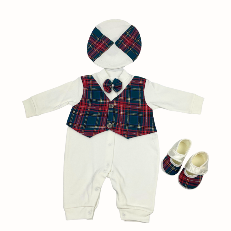 Feestelijke babyset met tartan gilet & strik