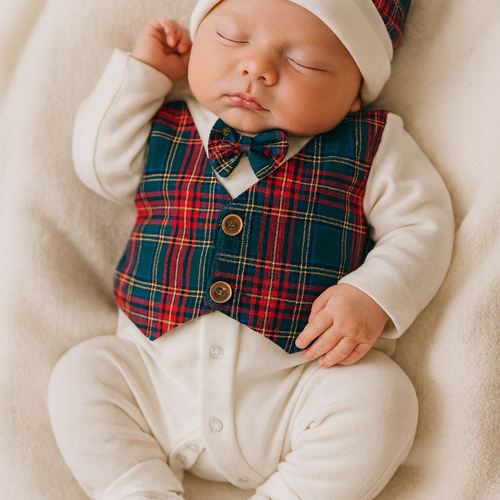Feestelijke babyset met tartan gilet & strik