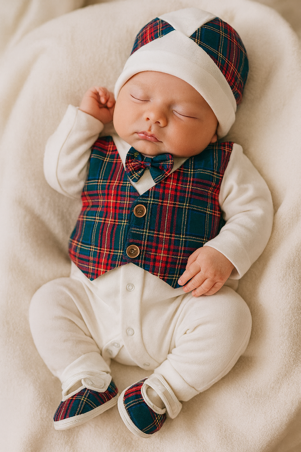 Feestelijke babyset met tartan gilet & strik