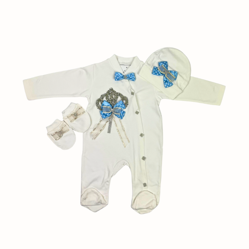 Witte babyset met blauwe strikken & glitter