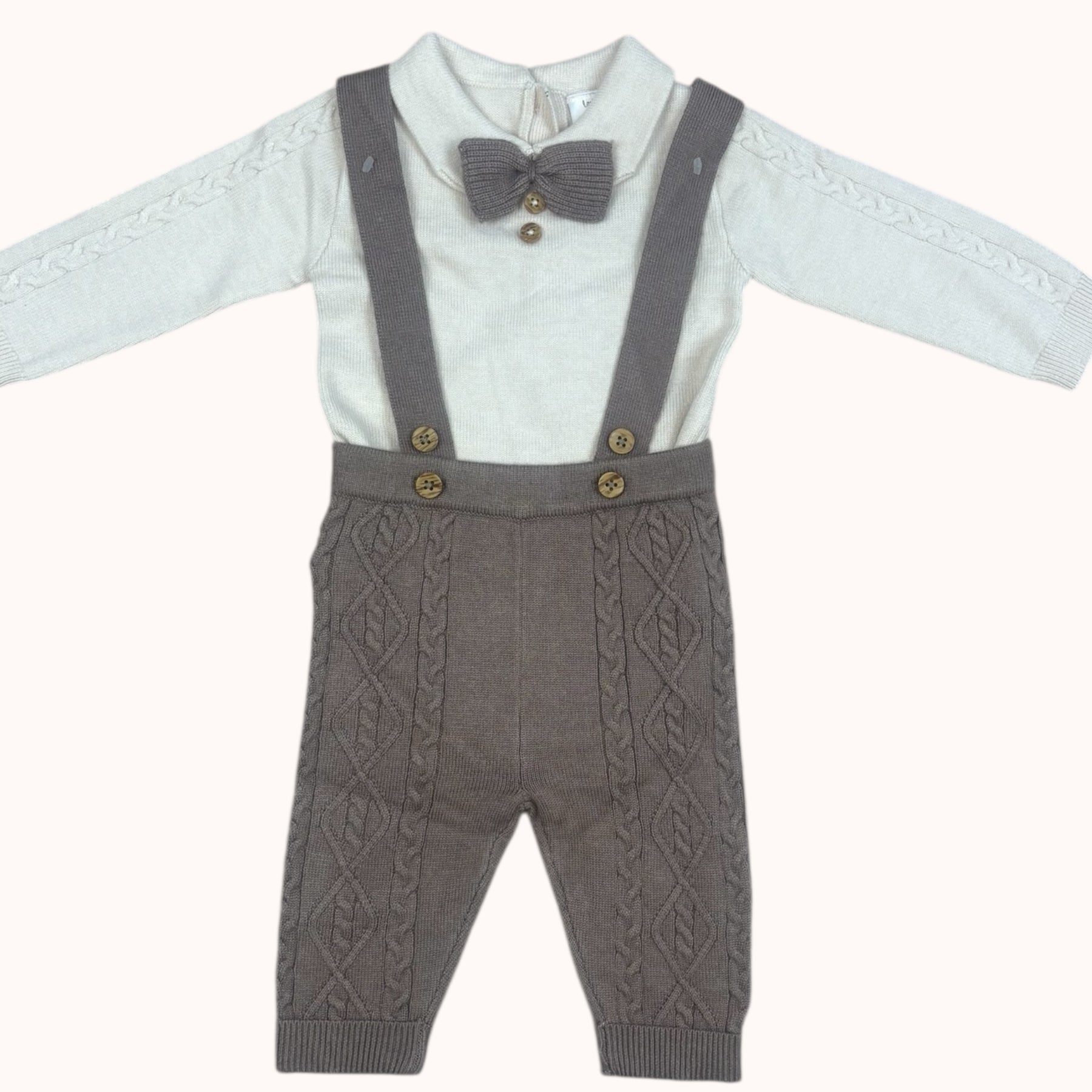 Gebreide babyset beige & taupe met bretellen en strik