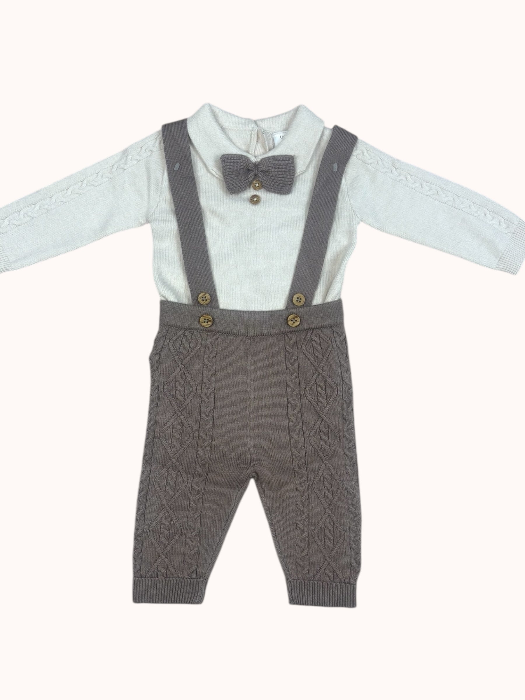 Gebreide babyset beige & taupe met bretellen en strik