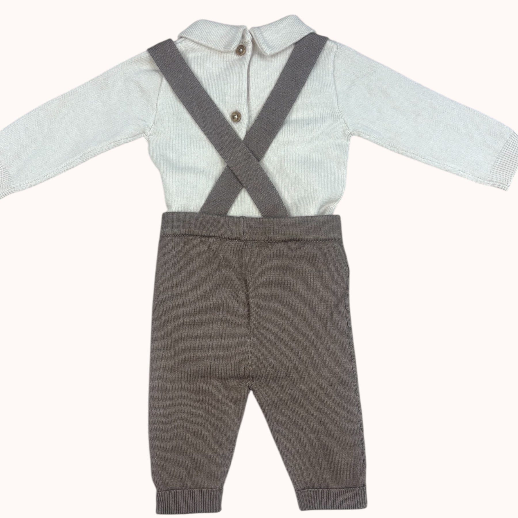 Gebreide babyset beige & taupe met bretellen en strik