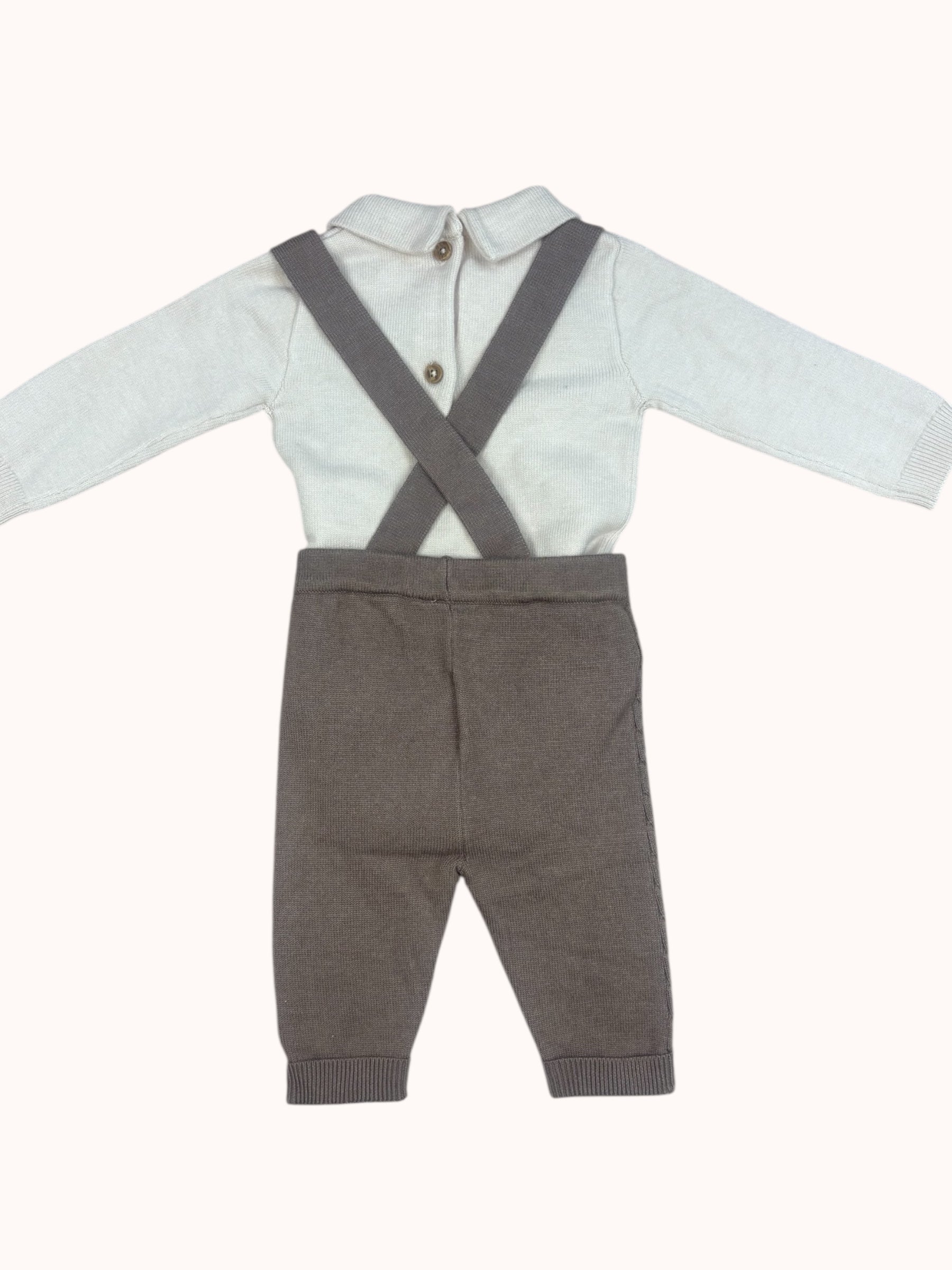 Gebreide babyset beige & taupe met bretellen en strik