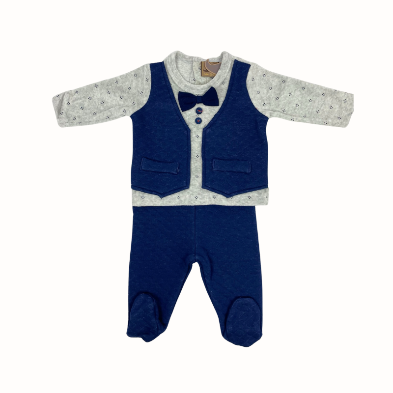 Blauw-grijze babyset met gilet & strik