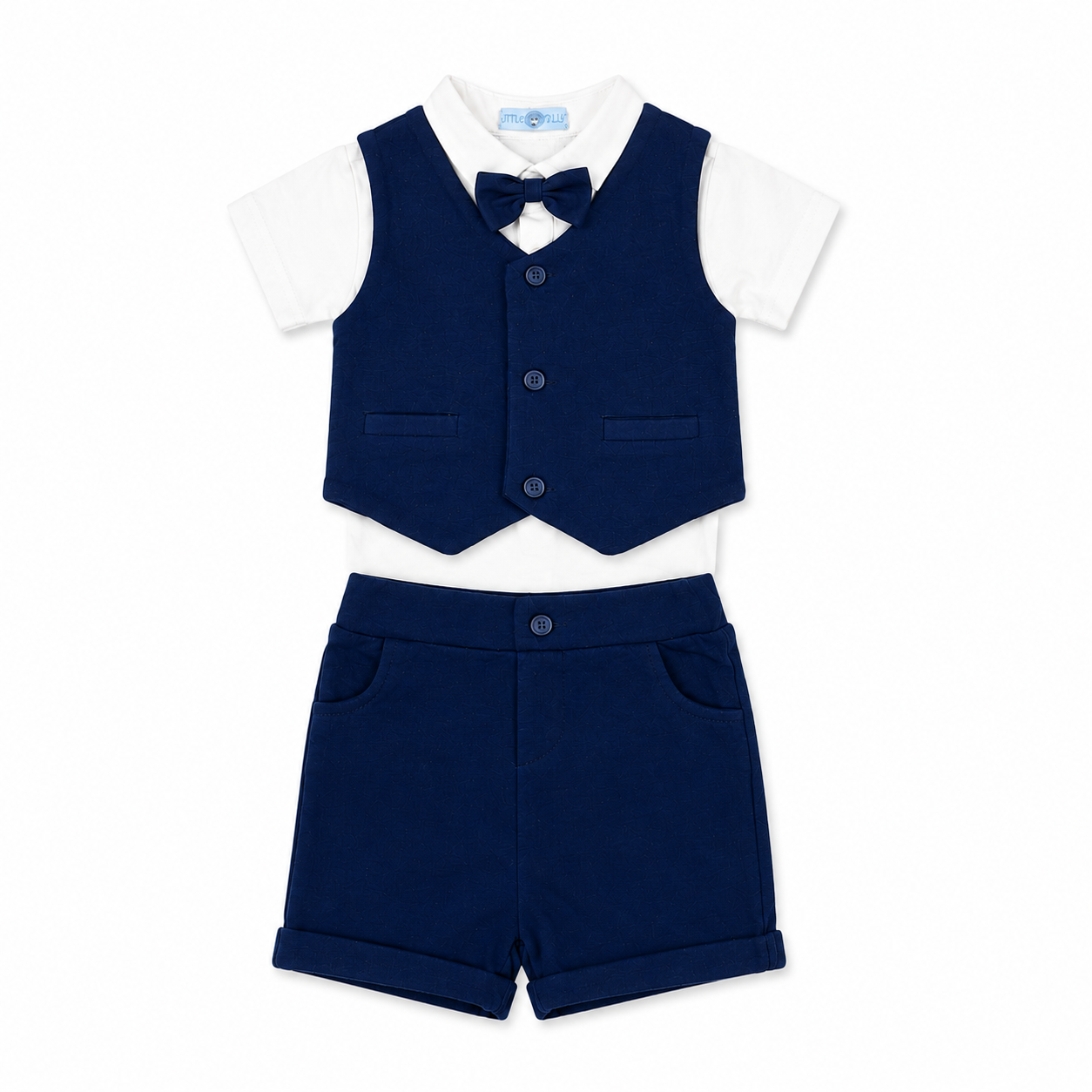 3-delige blauwe feestset babyjongen met gilet vlinderdas en shorts