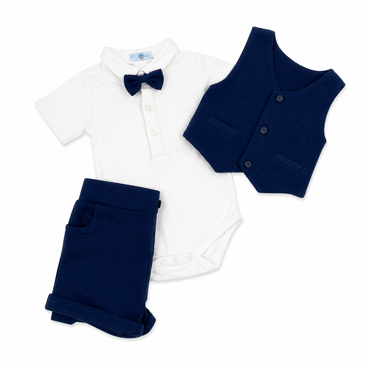 Blauwe babyset jongen uitgespreid romper gilet en shorts 3 tot 18 maanden