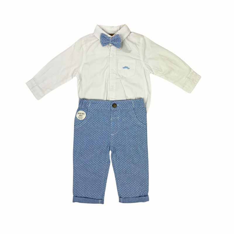 blauw broek en hemdbody set en vlinderdas